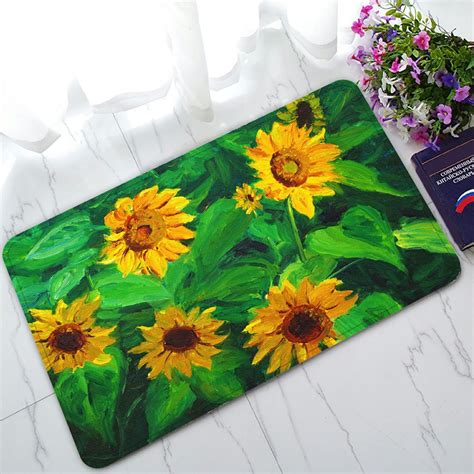 Phfzk Flower Floral Doormat Oil Painting Yellow Sunflower Doormat