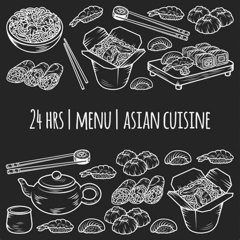 Set With Asian And Chinese Cuisine Icons Vector Hand Drawn Elements
