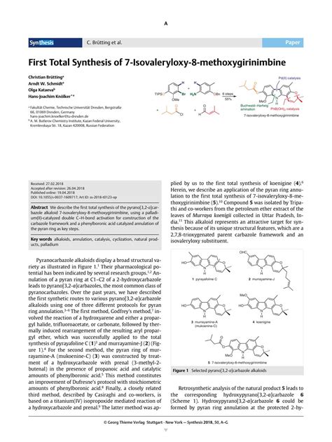 First Total Synthesis Of 7 Isovaleryloxy 8 Methoxygirinimbinesynthesis X Mol