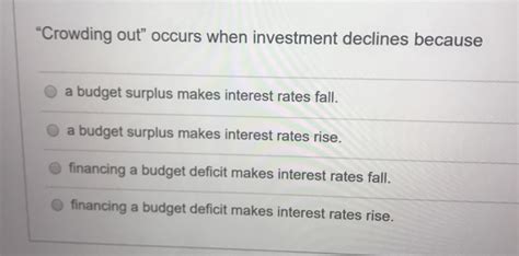 Exists because of past government budget deficits. Solved: "Crowding Out" Occurs When Investment Declines Bec ...