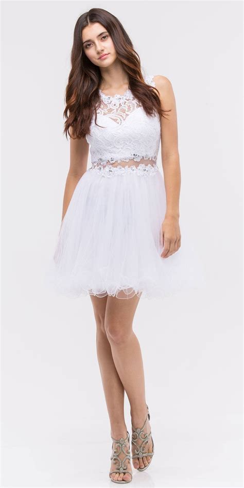 Mock 2 Piece White Dress Short Poofy Skirt Lace Top Discountdressshop