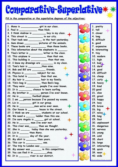 Draw adjective pictures on the adjectives & comparatives pictures worksheet give out the when everyone has finished, go through the worksheet by eliciting and writing the answers on the board. Comparative-Superlative worksheet - Free ESL printable ...