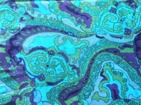 Vintage 1960s Cotton Twill Dress Fabric Psychedelic Turquoise Design