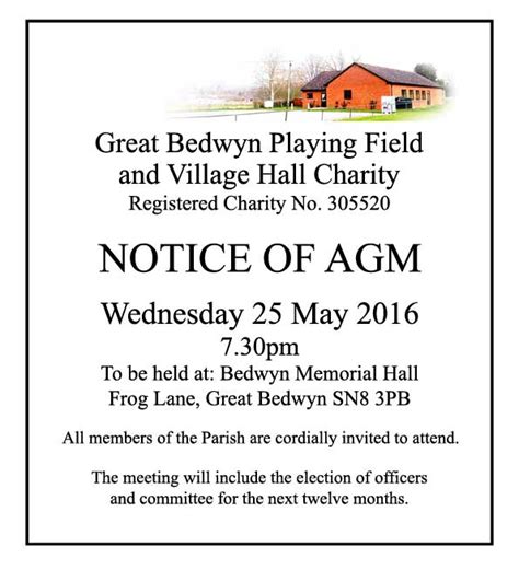 Notice Of Village Hall Agm Weds 25 May 2016 Great Bedwyn Village Hall