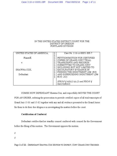 08 05 2016 Ecf 986 Usa V Shawna Cox Motion For Disclosure Of Grand
