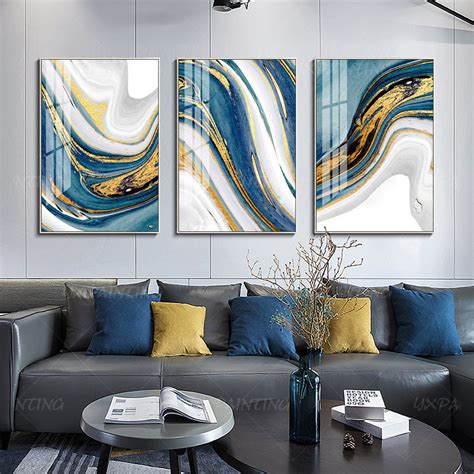 Set Of 3 Wall Art Gold Painting Abstract Print Art Navy Blue Painting