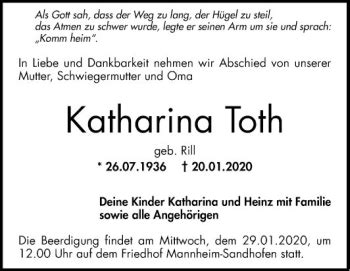 Traueranzeigen Von Katharina Toth Trauerportal Ihrer Tageszeitung