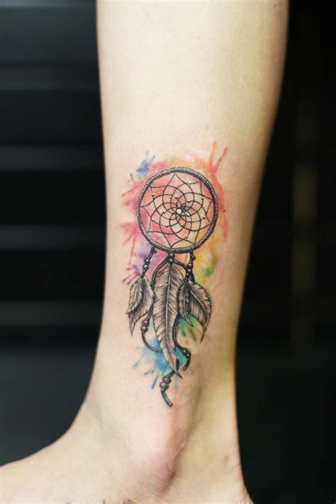 Watercolor Dreamcatcher Tattoo On Side Leg