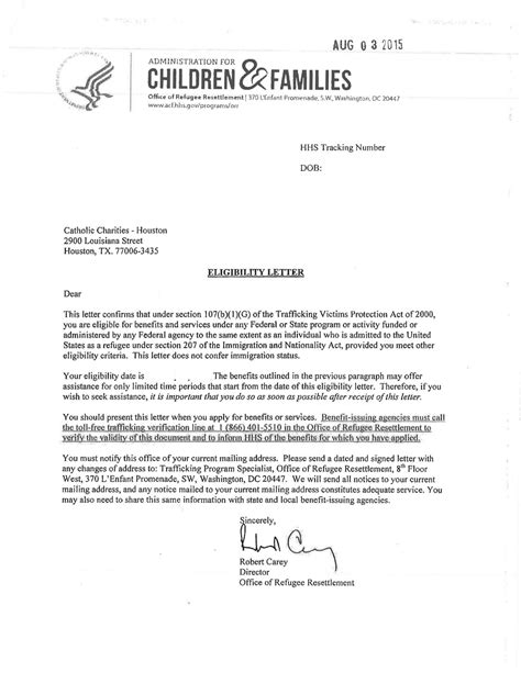 Administration For Children And Families Acf Eligibility Letter For