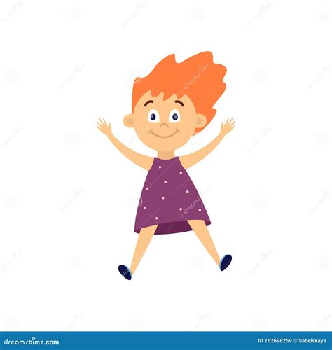 Cute Little Girl Jumping In Air Cartoon Child With Happy Face Mid
