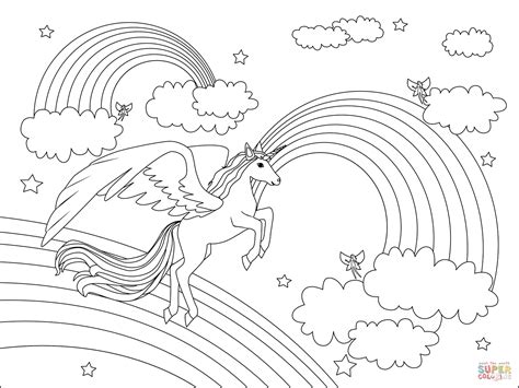 Winged Unicorn And Rainbow Coloring Page Free Printable Coloring Pages