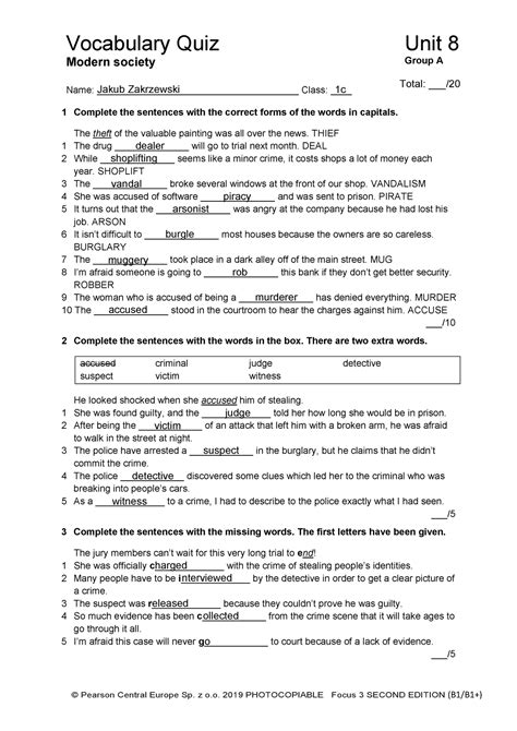 Focus 3 2E Vocabulary Quiz Unit8 Group A - Vocabulary Quiz Unit 8