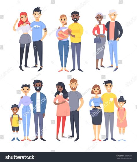 Set Different Couples Families Cartoon Style Stock Vector Royalty Free