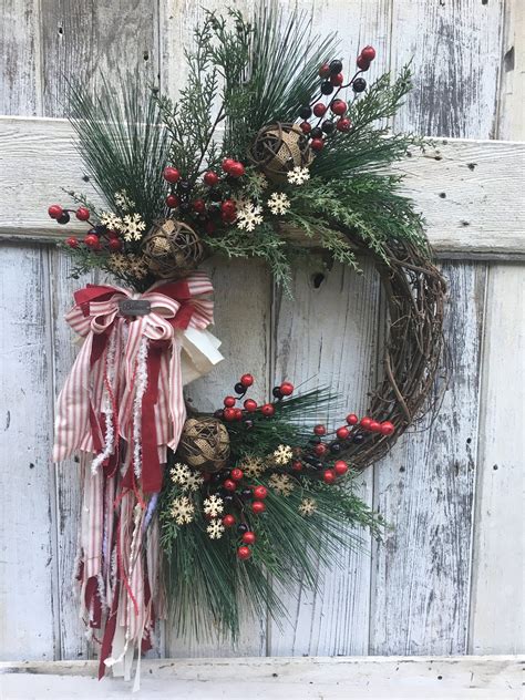 Christmas Wreath Christmas Front Door Rag Bow Wreath Etsy Rustic