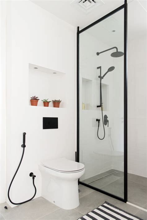 Simple Modern Bathroom Design Black Frame Shower Door Monochrome
