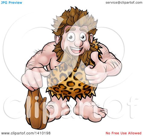 Clipart Of A Cartoon Happy Caveman Holding A Club And Giving A Thumb Up