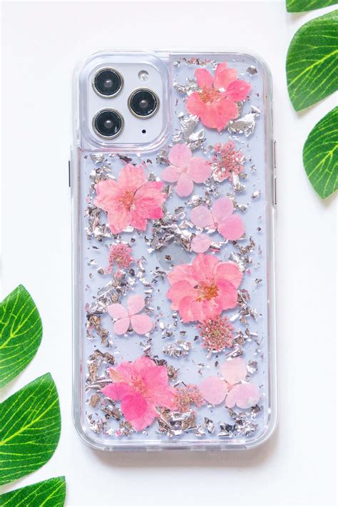 luxury pressed wildflower cute protective iphone bumper case pink cherry blossom with silver