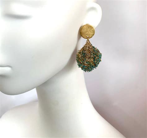 Milena Zu Woven Brass Plated Gold And Turquoise Pierced Earrings At
