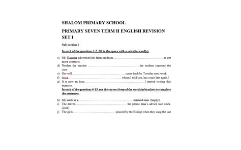 Shalom Primary School Primary Seven Term Ii English Revision Set I