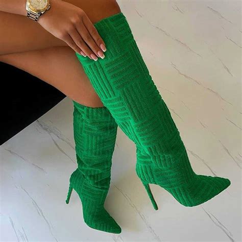 Sexy Womens Knee High Boots Elastic Fabric Thin High Heels Shoes Female Pointed Toe Slip On