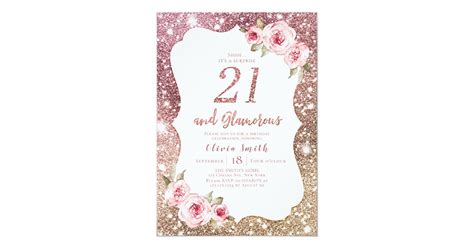 Sparkle Rose Gold Glitter And Floral 21st Birthday Invitation