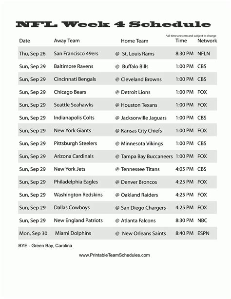 Nfl Week 6 Schedule Printable Customize And Print