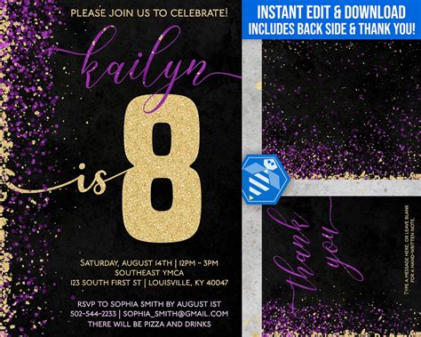 8th Birthday Invitation For Girls Purple And Gold Invitation Etsy