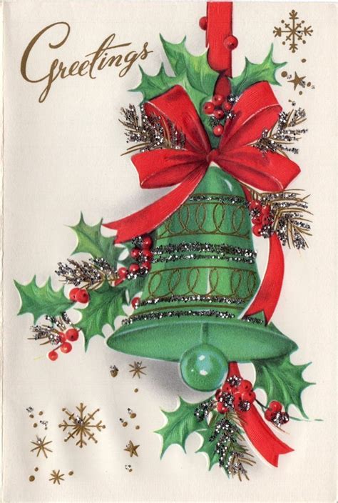 unused chunky glitter jingle bell decoration holly vtg christmas greeting card vintage