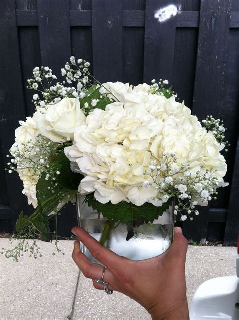 White Hydrangea White Rose And Babysbreath Centerpiece In Clear Glass