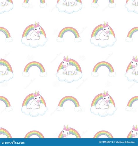Hand Drawn Vector Seamless Pattern With Unicorn Clouds And Rainbow