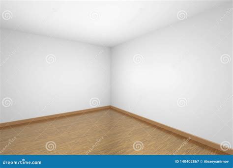 Empty White Room Corner With Brown Wooden Parquet Floor Stock