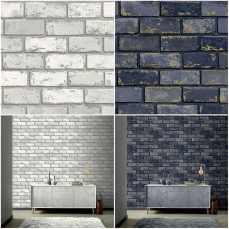 Arthouse 3d Effect Metallic Brick Wallpaper Navy Blue Gold White Silver