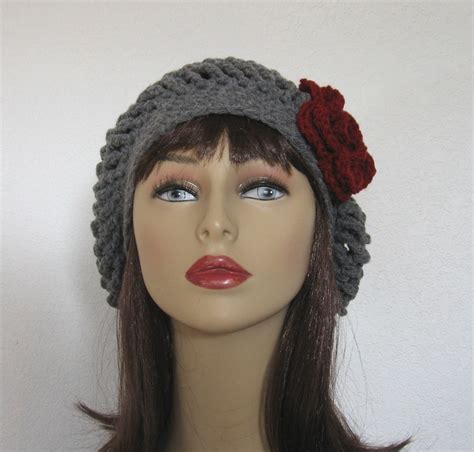 Gray Crochet Slouchy Hat With Flower Crochet Womens Hat Etsy