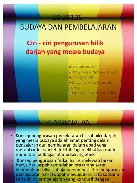 Cara pembinaan bilik darjah yang mesra budaya; EDU3106 Bilik Darjah Mesra Budaya