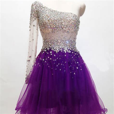 Beaded Embellished One Shoulder Long Sleeve Purple Short Tulle