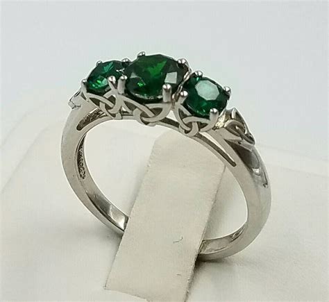 Celtic Created Emerald Ring Sterling Silver Carat 3 Stone Ring