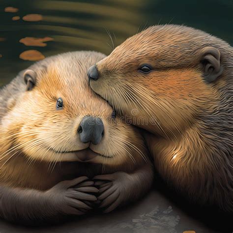 Valentines Day Cuddling Animals Beaver Couple2 Generative Ai Stock