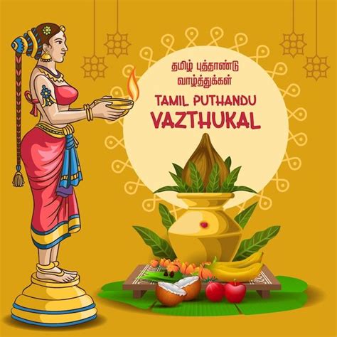 Premium Vector Tamil New Year Greetings With A Girl Holding Lamp