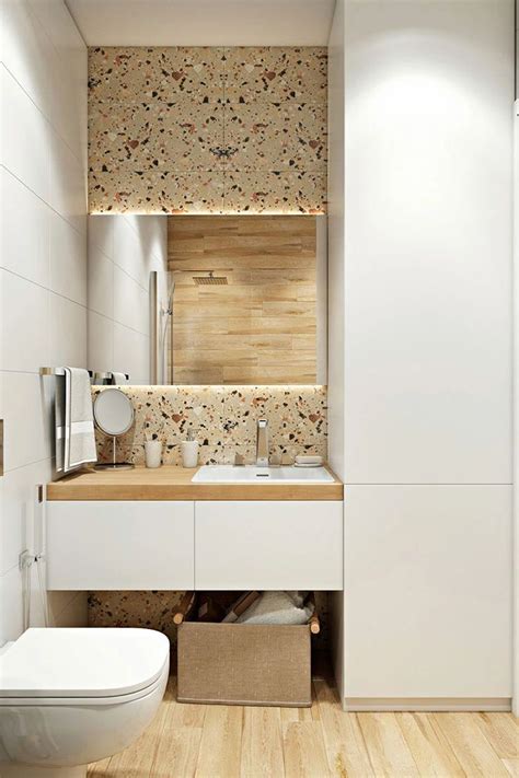 White And Neutral Scandinavian Style Bathroom With Terrazzo Backsplash