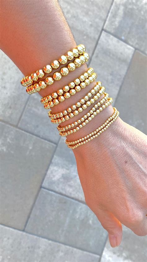 Gold Beaded Bracelets Gold Bead Elastic Bracelets Gold Etsy