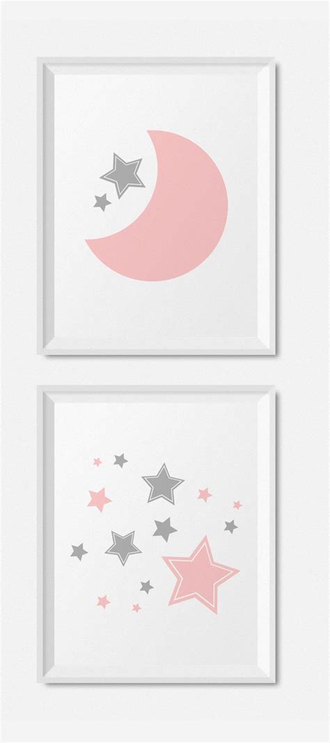 Modern Pink And Gray Nursery Decor Moon And Stars Nursery Wall Art