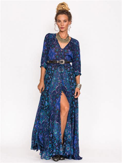 Boho Dress Full Sleeve Maxi Dress Floral Print V Neck High Split