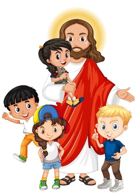 Jesús Con Un Personaje De Dibujos Animados De Grupo De Niños Vector
