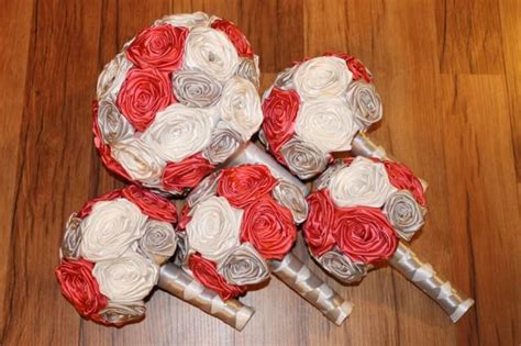 Coral Silver And White Wedding Bouquet Set Deposit Coral