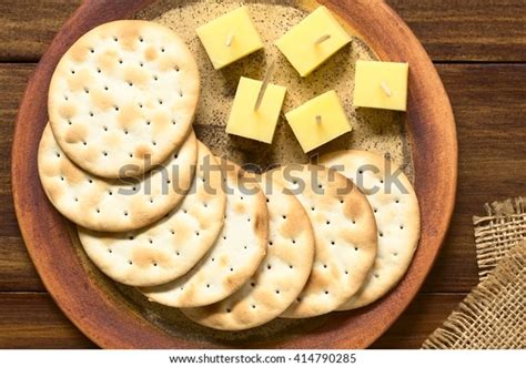 Saltine Soda Crackers Cheese Pieces Served Stock Photo 414790285