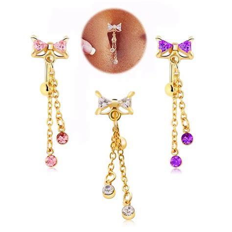 1pc 14g Sexy Gem Dangle Belly Button Rings Bowknot Cubic Zirconia Navel