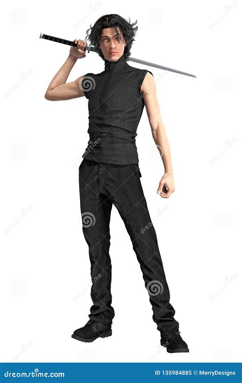 Rendering Man With Katana Sword Isolated Stock Image Illustration Of
