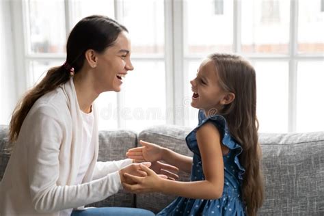 Close Up Overjoyed Mother And Little Daughter Playing Patty Cake Stock Image Image Of