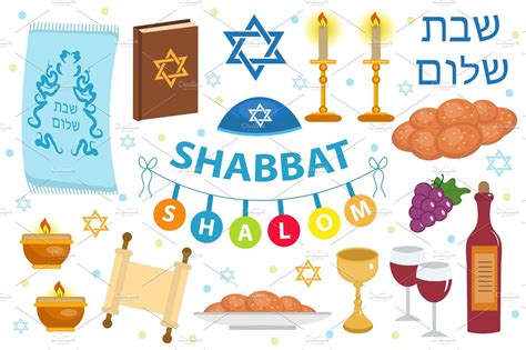 shabbat shalom icon set flat cartoon style collection of jewish holidays symbol design