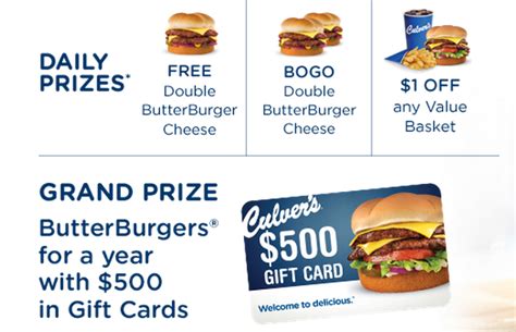 Culver's offers gift cards online, and you can download culver's apps to keep up with the daily offers at your favorite location. Coupons And Freebies: Culver's Instant Win Giveaway - Win ...